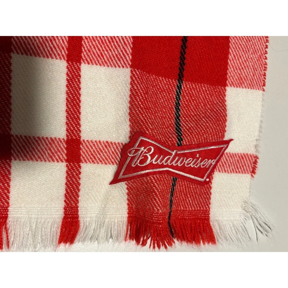 Budweiser Embroidered Logo Red,‎ White and Black Plaid Fringed Scarf. Unisex.